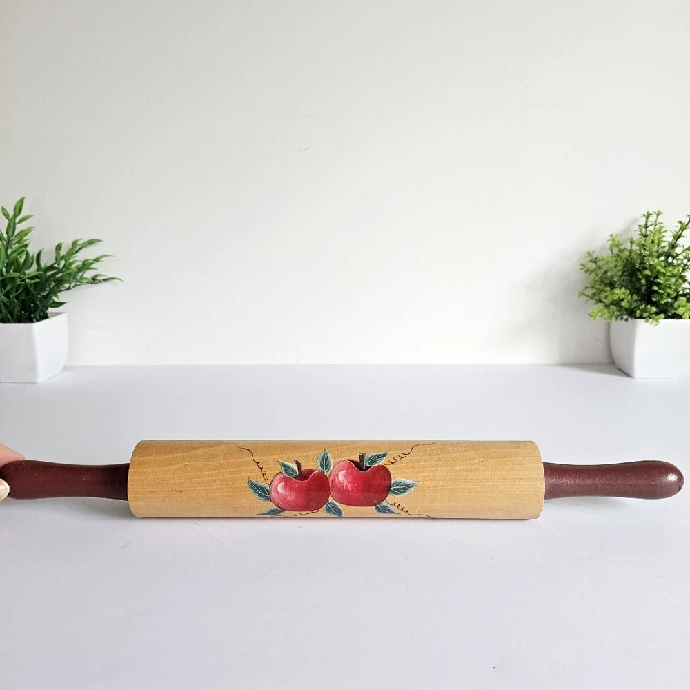 Vintage Decorative Wooden Rolling Pin with Red Apple Rustic Farmhouse Design